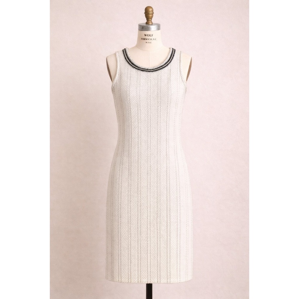 :St John‎ Collection Dress 2 Ivory Textured Knit Sleeveless Sheath Fringe...